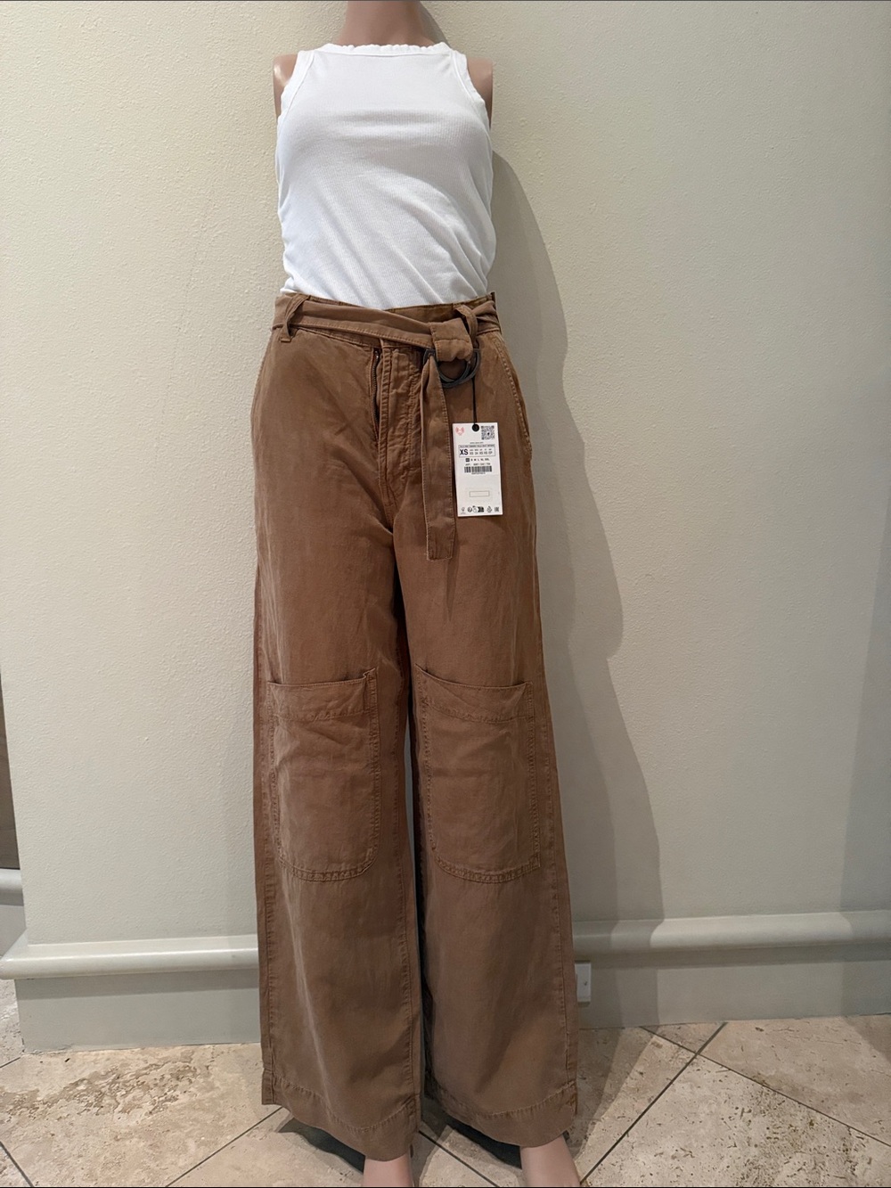 Zara Wide-Leg Utility Pants with Belt - Brown